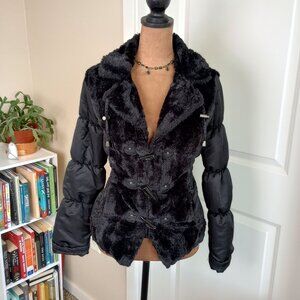 Y2K Faux Fur Black Puffer Quilted Jacket Black Goth Winter Toggle Coat Montanaco